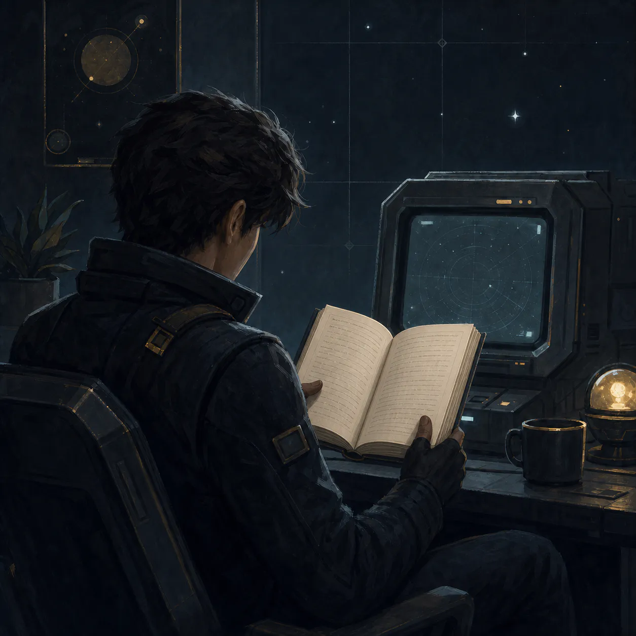 An anonymous IT tinkerer reading a science-fiction book beside a computer terminal