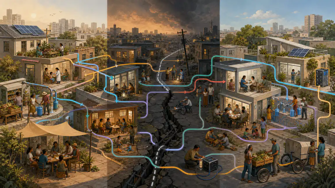 A neighborhood network maintaining essential services while a disruption removes one route through the system.