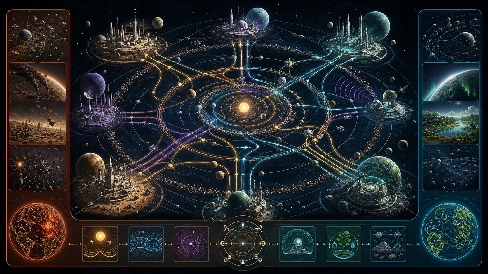 Many orbital civilizations share lanes, observation zones, energy flows, and habitable resources around one system, with degraded and restored outcomes at the edges.
