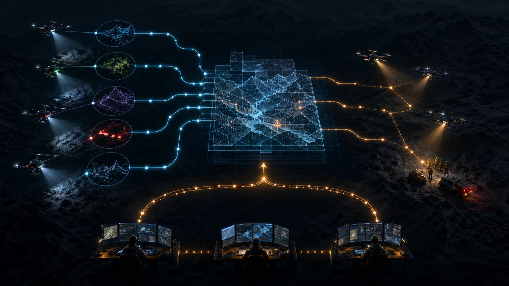 A coordinated network links several sensor and memory nodes through a shared central state, then sends decisions back through a visible feedback loop.