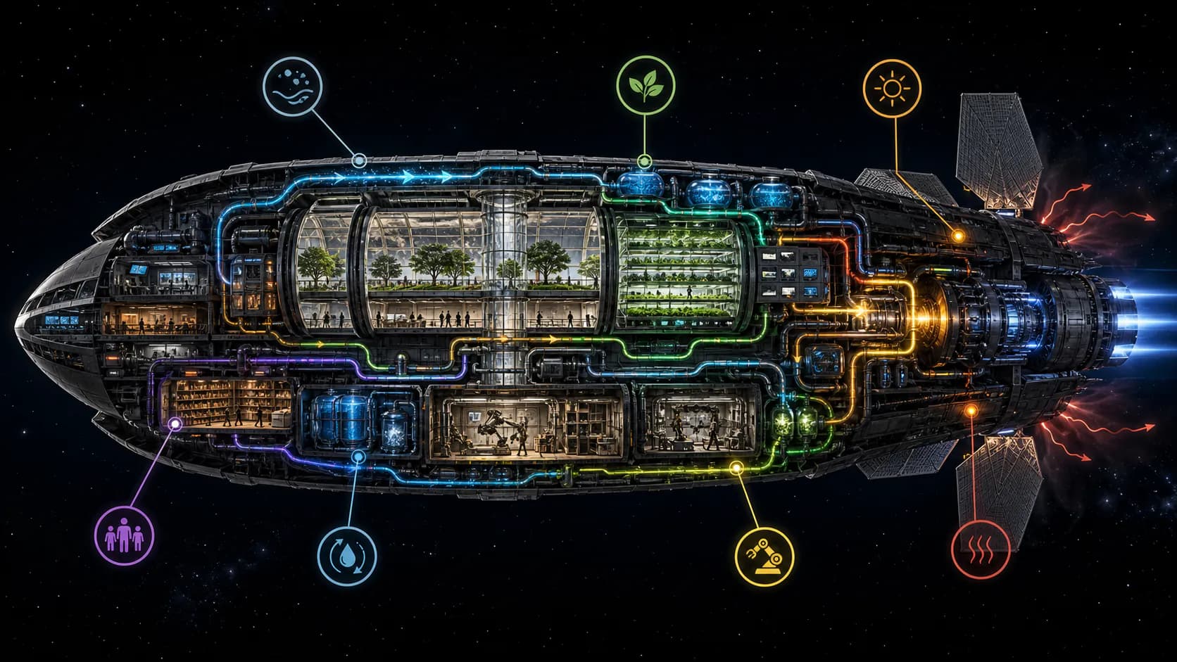 A cutaway generation ship connects habitation, agriculture, water recovery, energy, workshops, stored knowledge, propulsion, and heat rejection.