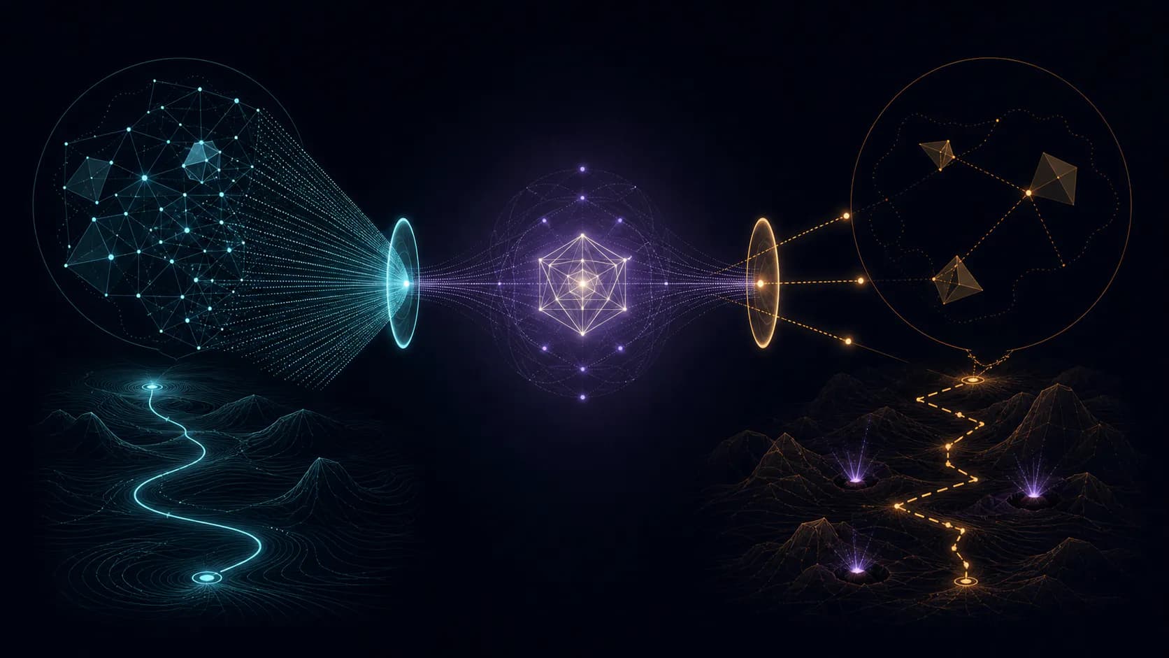 One hidden geometric system sends dense signals through a cyan lens and only three fragments through an amber lens, producing complete and sparse maps with different risk paths.