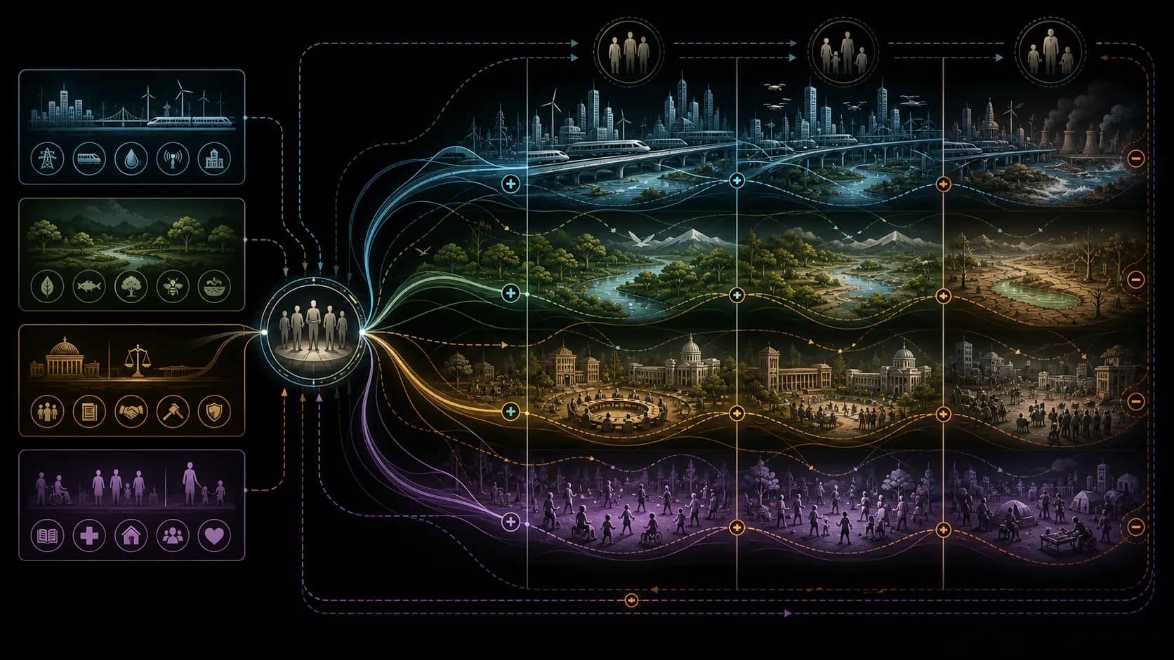 A present community's choices branch through transport, ecosystems, institutions, and social life across three future eras with better and worse outcomes.