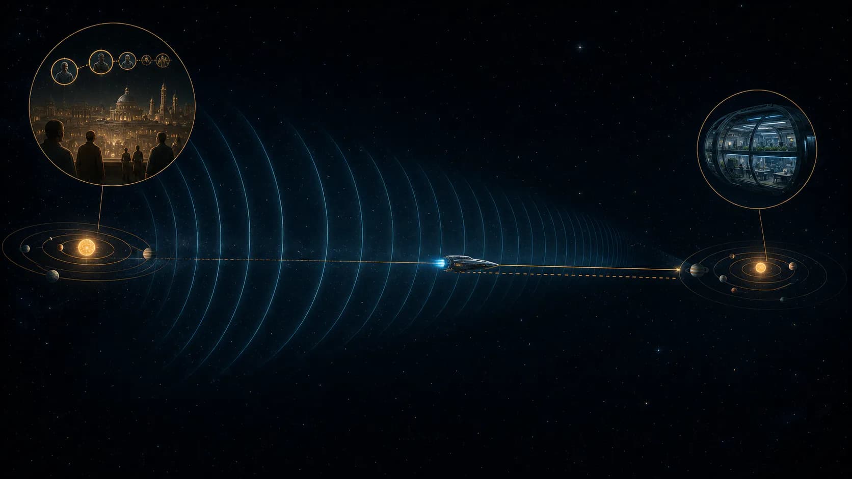 Two star systems are separated by a long dark interval crossed by a slower spacecraft and expanding light-signal wavefronts.