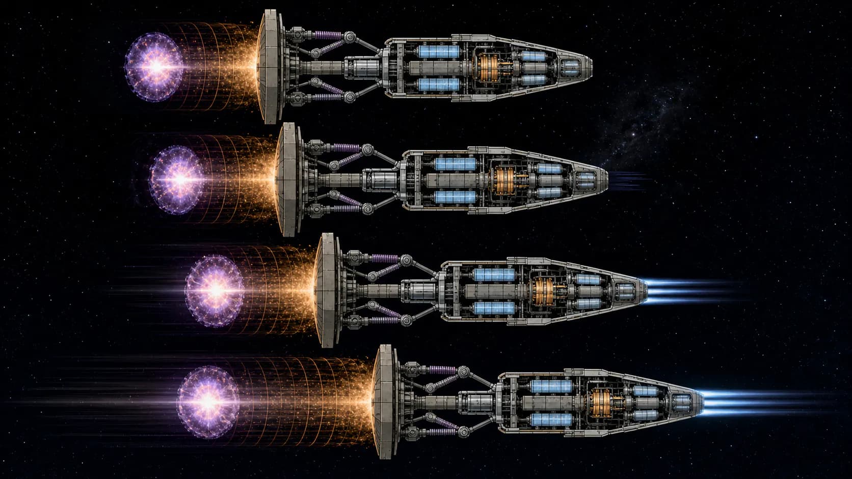 Four views of one spacecraft show repeated pulse flashes behind a pusher plate, shock absorbers moving, and increasing spacecraft speed.