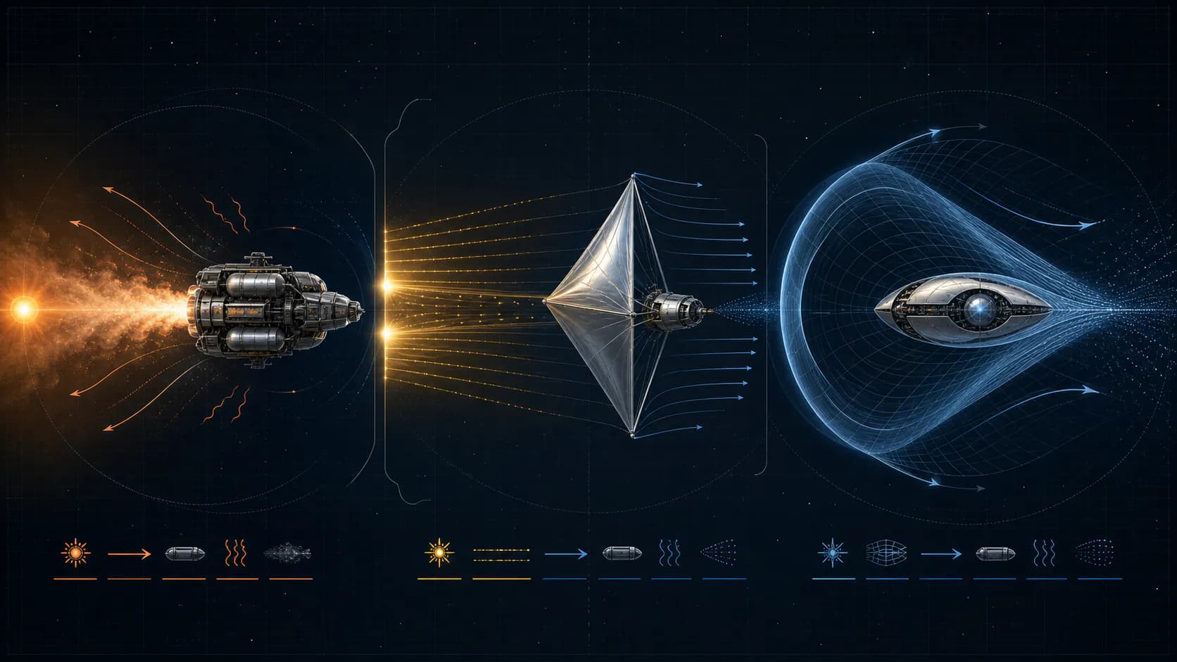 Three spacecraft compare reaction exhaust, an externally pushed sail, and a speculative curved-spacetime drive.