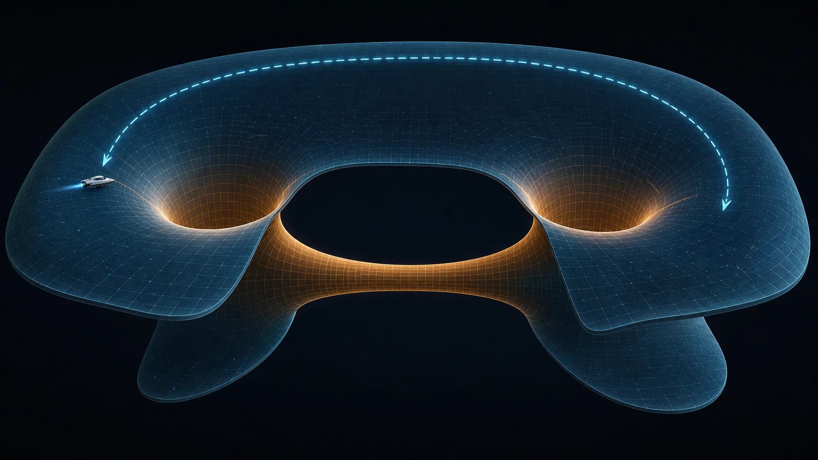 A curved spacetime surface offers a long route around its exterior and a short illuminated throat between two distant mouths.