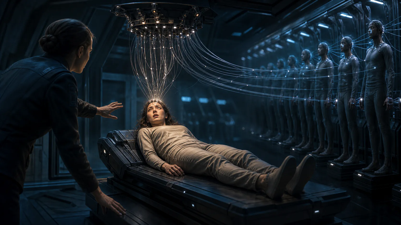 A newly awakened human body lies in a clinical ship chamber as cold machine links join it to a surrounding network of already synchronized silhouettes.