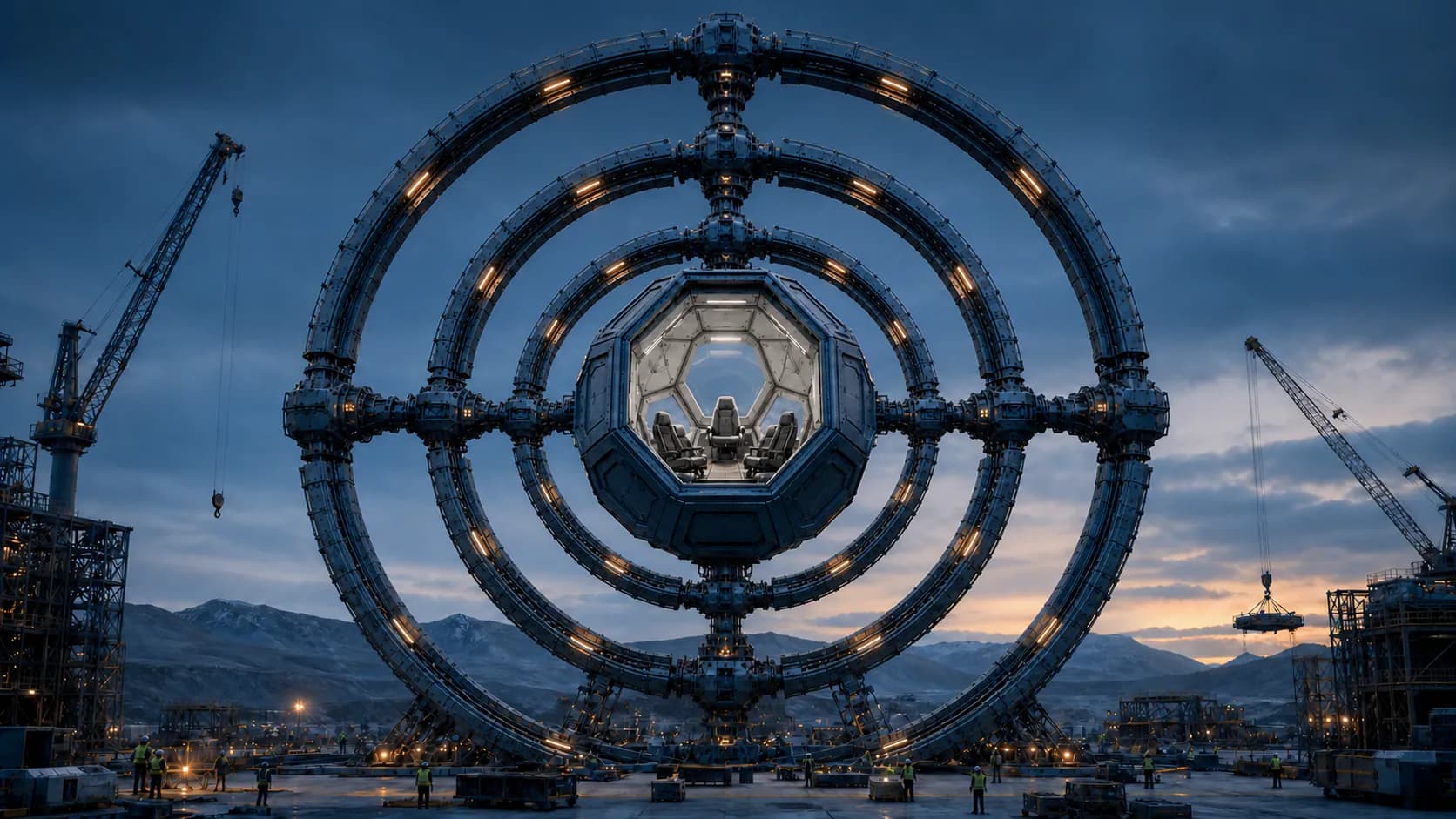 Three segmented concentric benzels surround a cutaway dodecahedral capsule with five empty seats at a remote construction site.