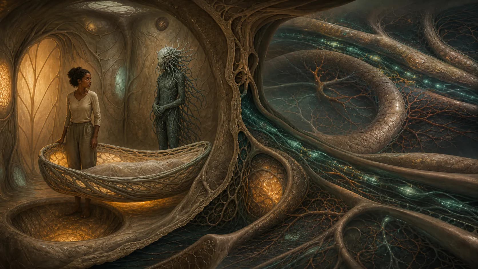 Lilith stands beside a suspended-animation cradle with Jdahya inside an organic chamber that opens in cutaway onto the living ship's branching tissues.