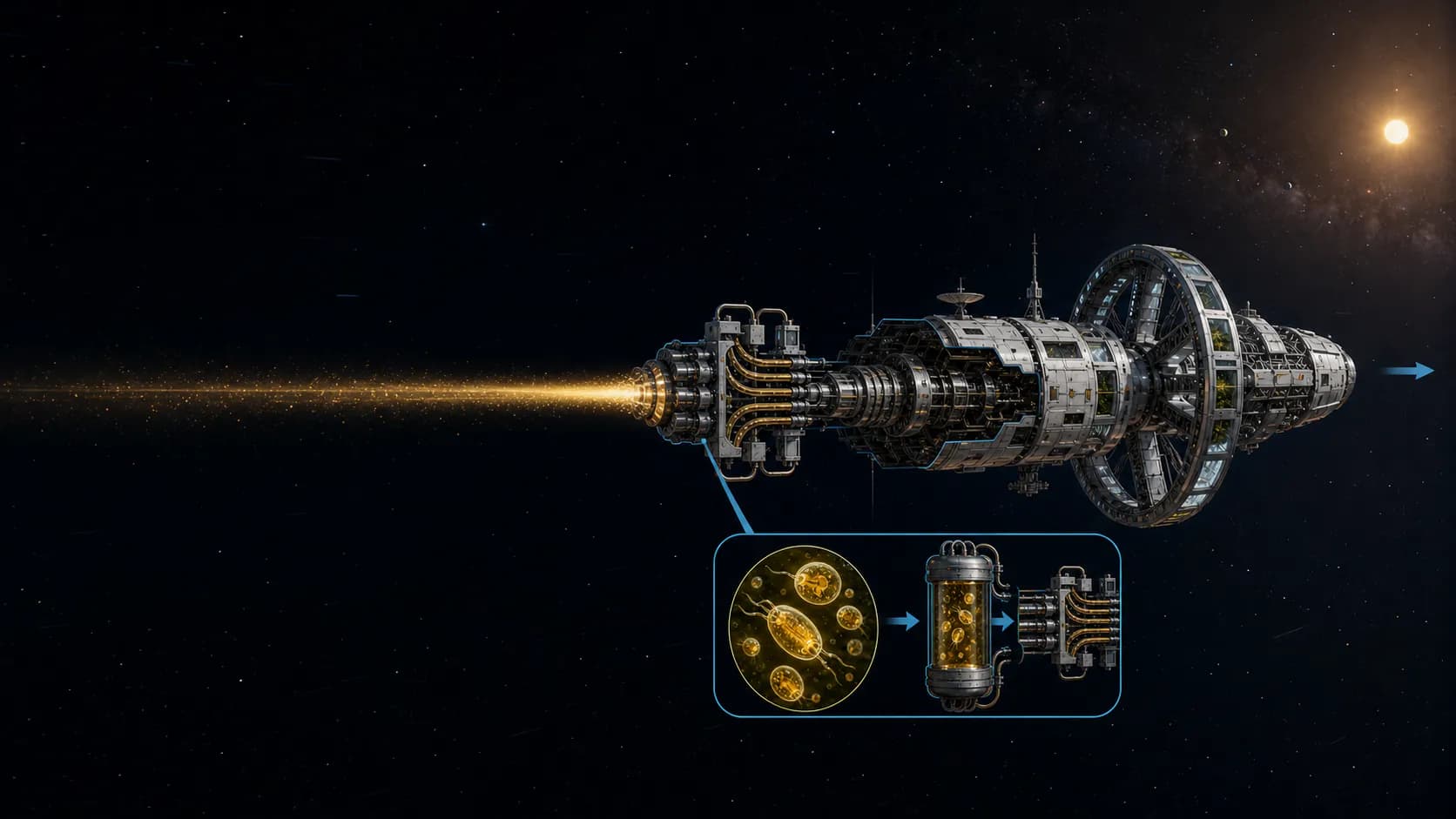 Cutaway teaching diagram showing golden Astrophage cells feeding a spacecraft drive that emits energy rearward while the ship accelerates forward.