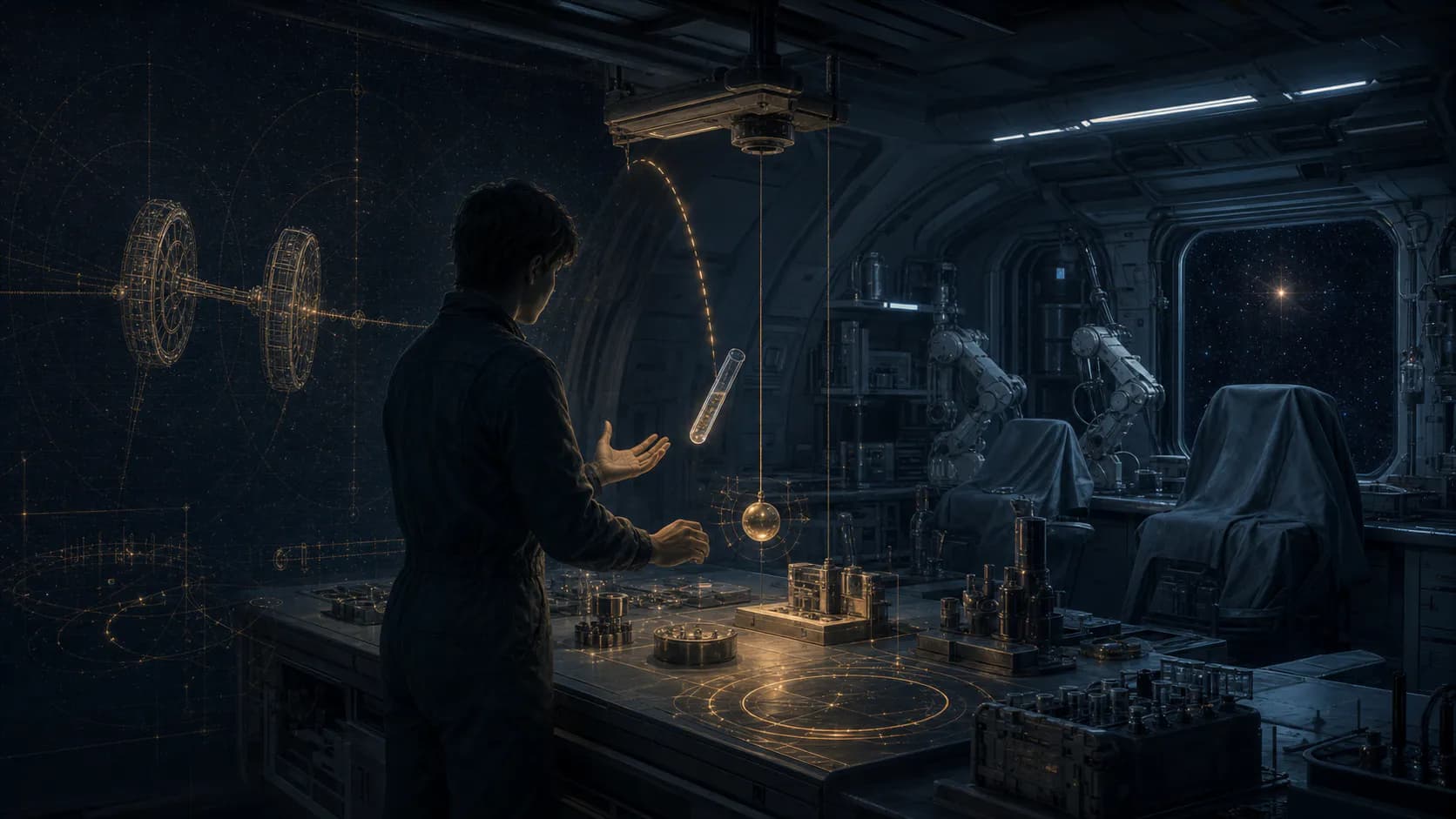 A solitary scientist in a blue-lit spacecraft laboratory observes a falling test tube and pendulum while a gold line drawing shows the rotating Hail Mary beyond him.