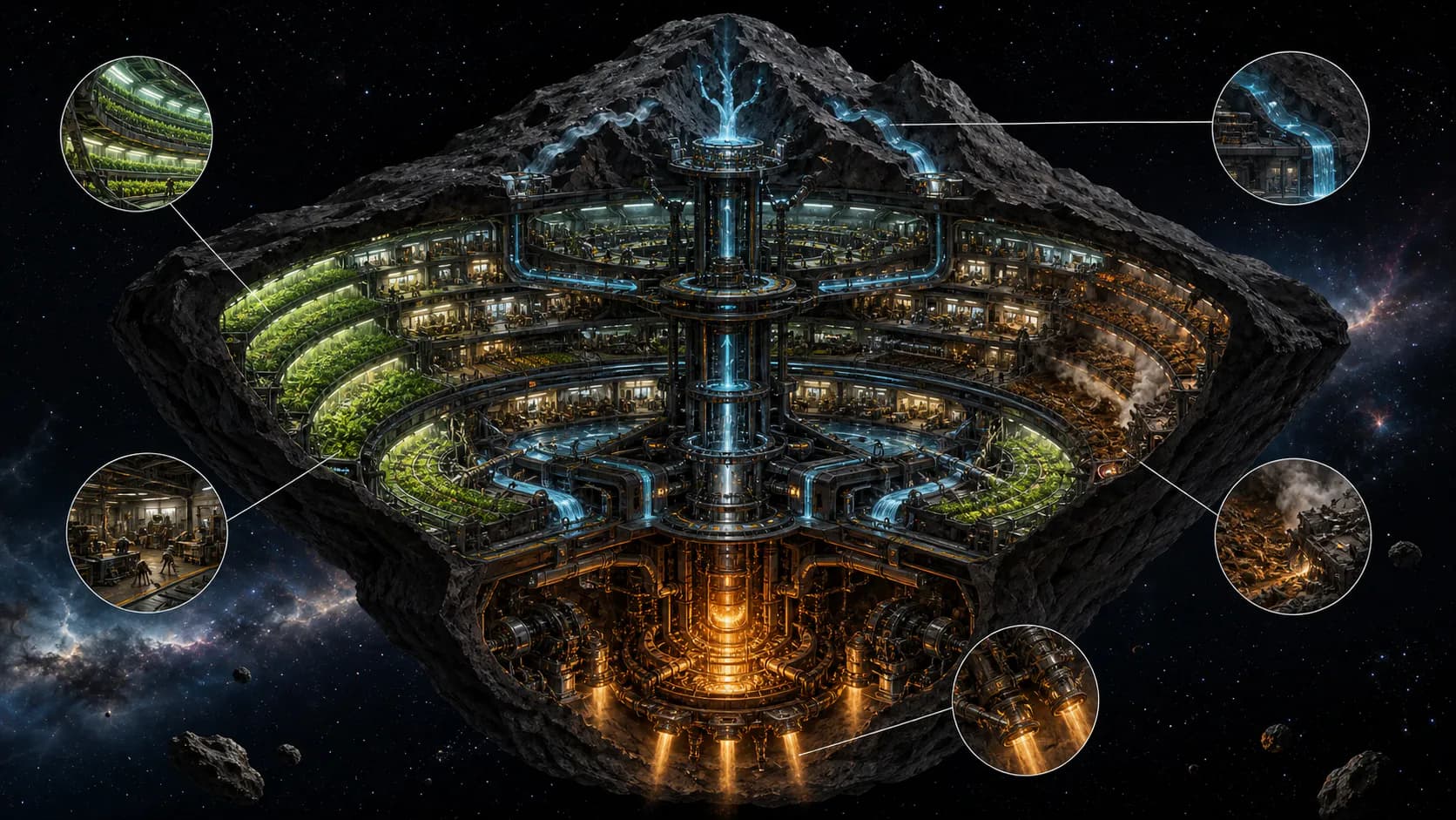 Cutaway of a hollowed mountain ship linking rotating farm terraces, inhabited caverns, water and cooling paths, workshops, damaged crops, and engines.