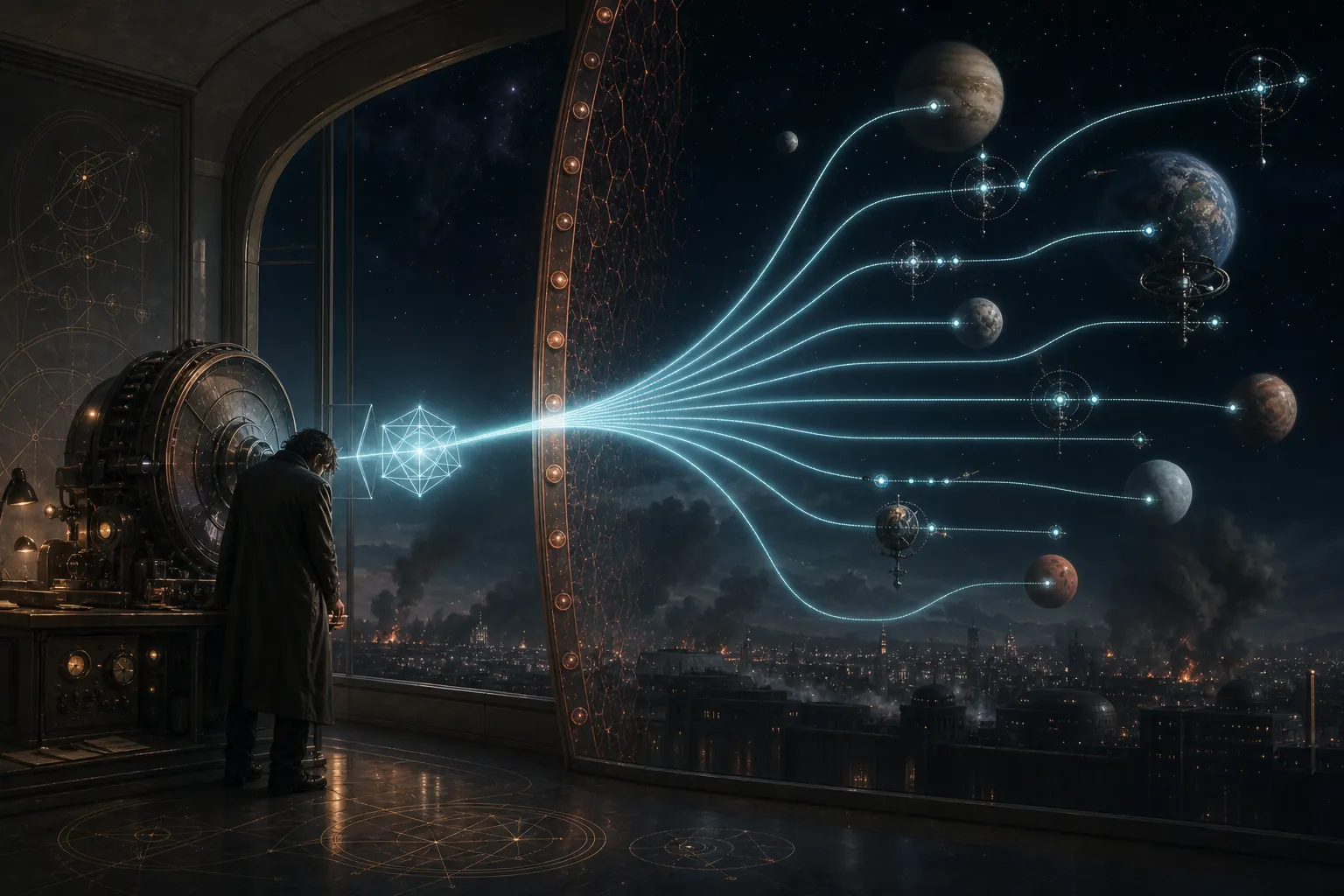 A lone physicist at an embassy transmitter releases one luminous equation network past a national barrier toward many distant worlds.