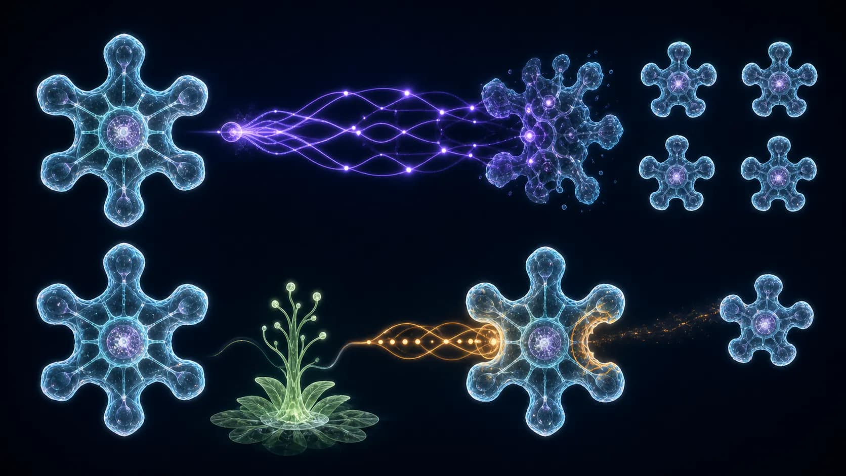Two alien biological pathways compare a natural light signal that divides a parent into four offspring with a plant-derived modified signal that separates one offspring while the parent survives.