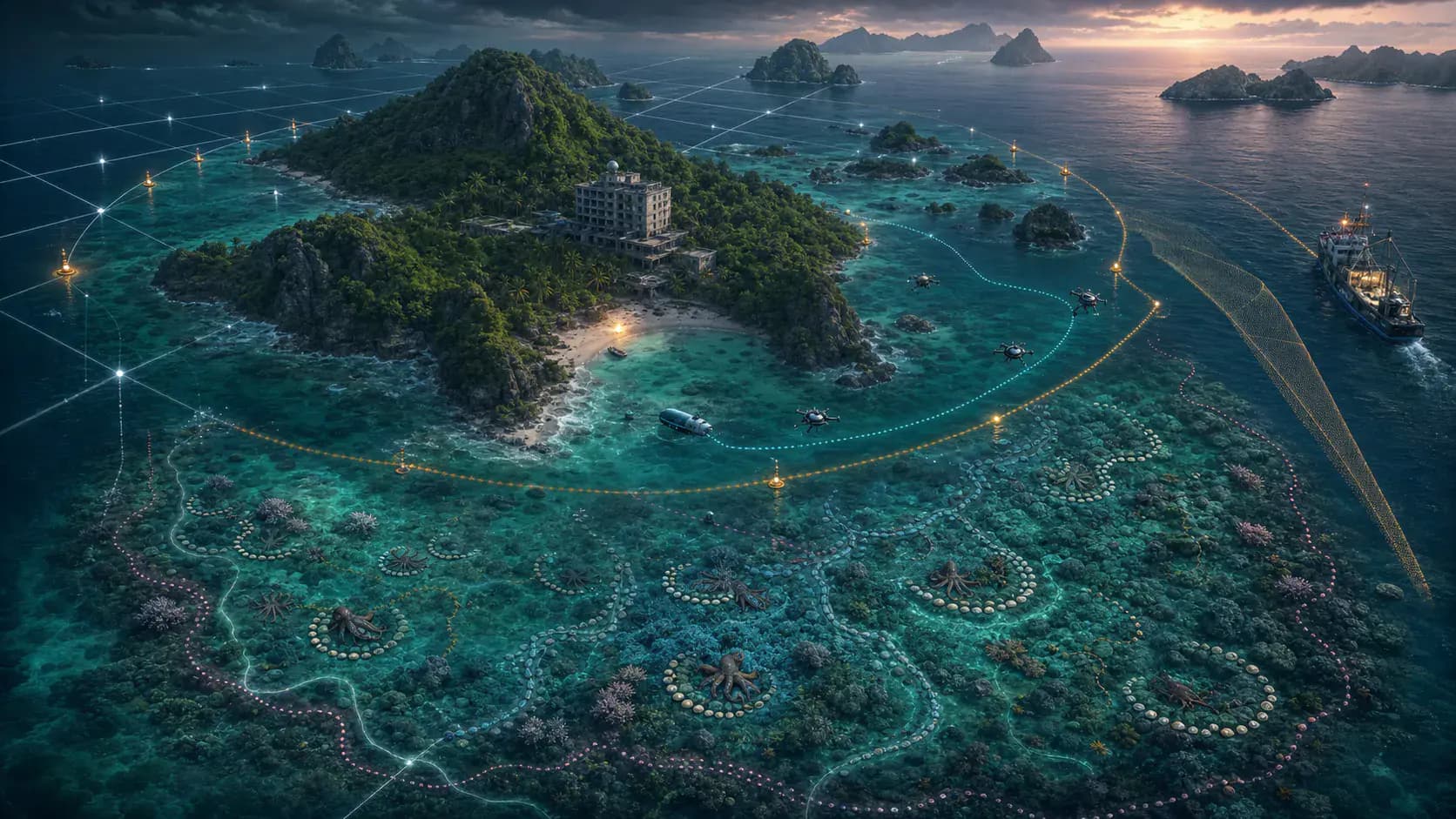 Con Dao is encircled by overlapping corporate, conservation, fishing, security, and octopus boundaries as a research post, autonomous vessel, drones, and reef community converge.