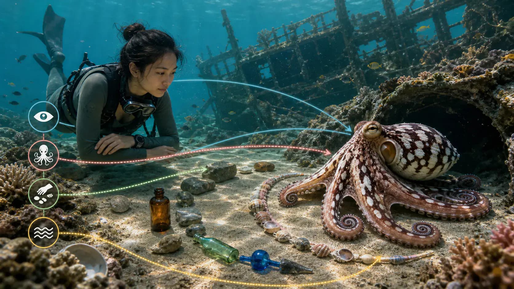 A diver and an octopus face one another across a shallow reef while skin patterns, posture, arranged stones, and a shipwreck form linked channels of possible meaning.
