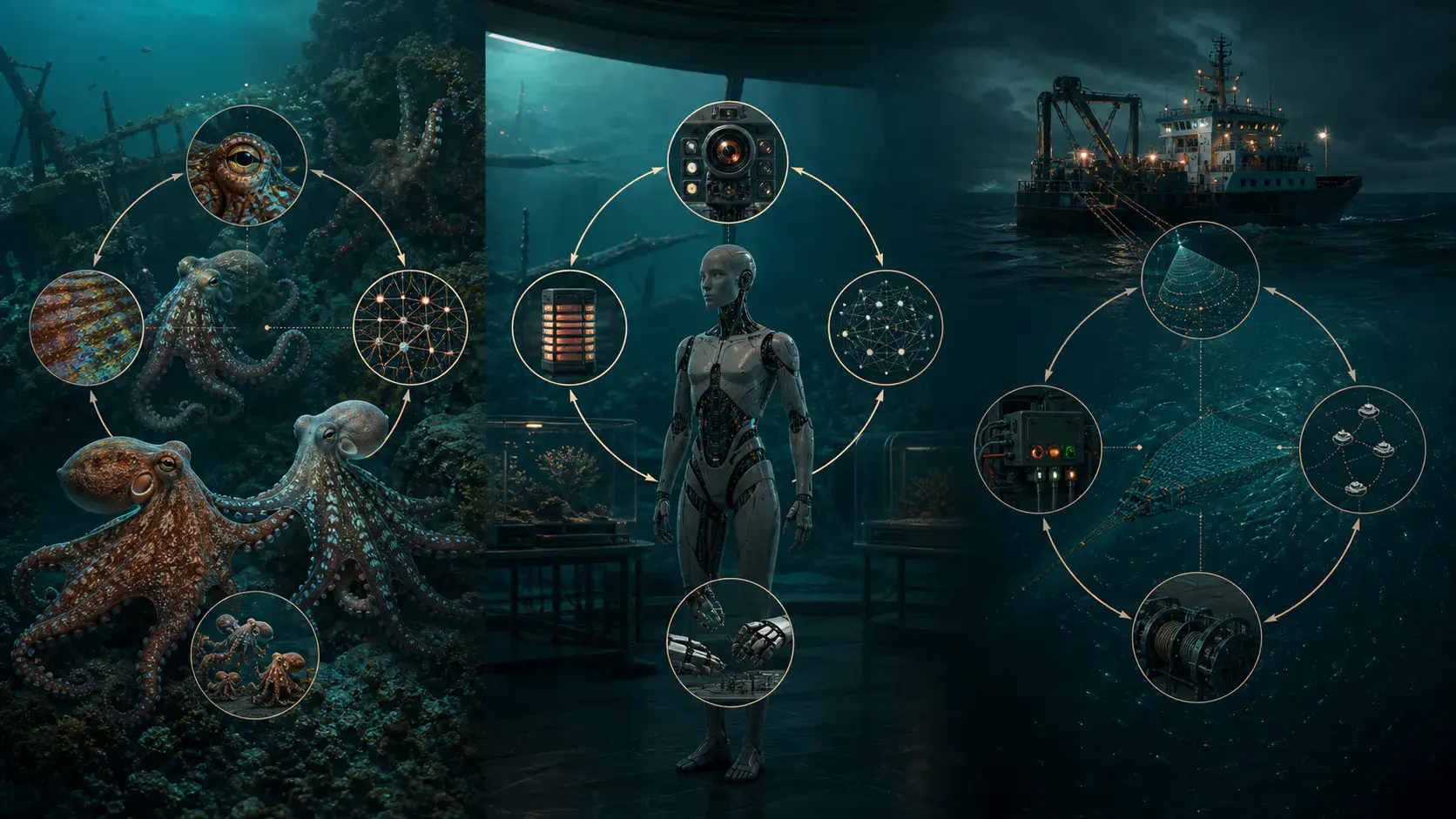 An octopus community, an embodied android, and an autonomous fishing ship occupy three equal connected fields with different sensory, memory, and control structures.