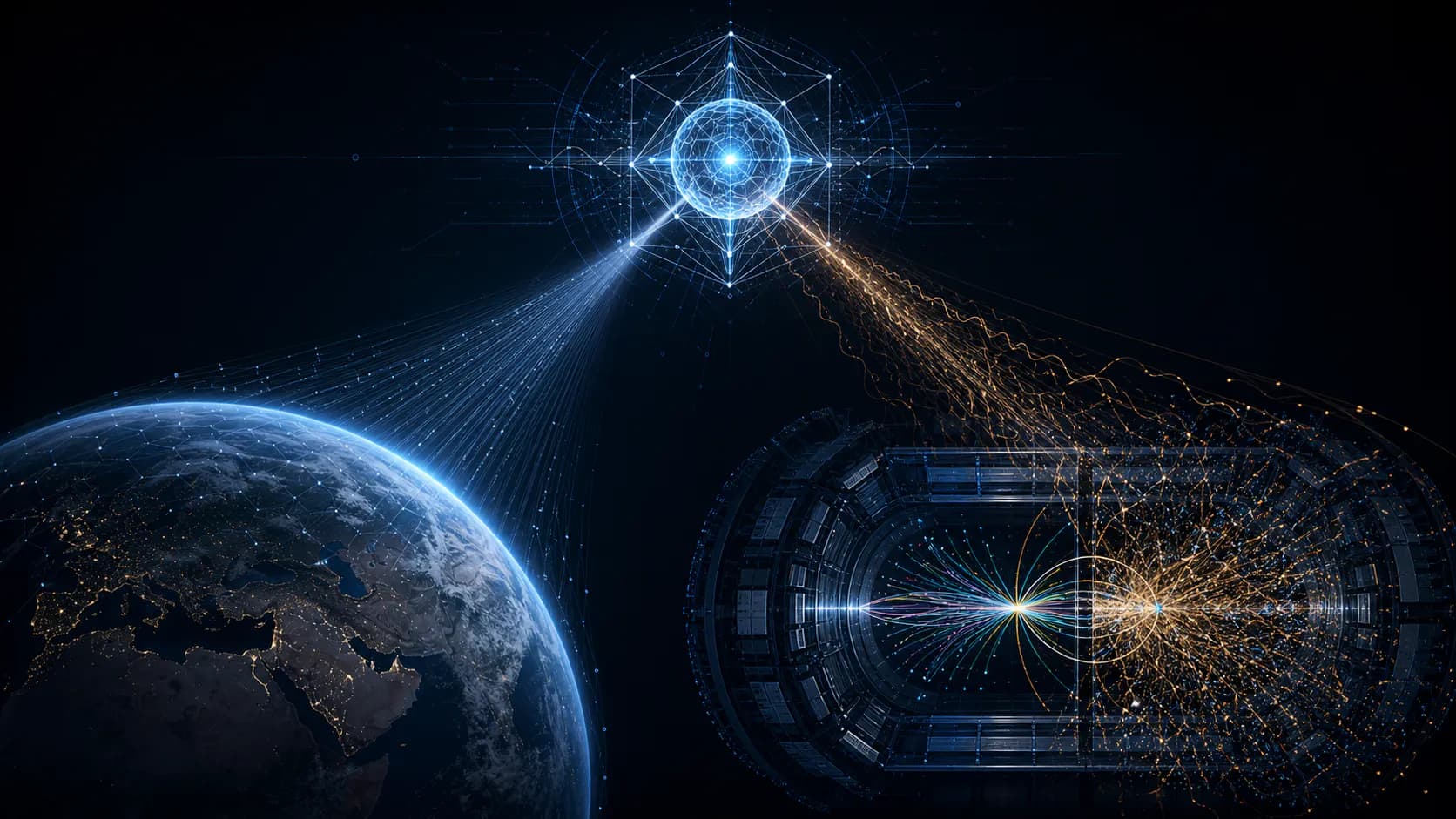 Scientific visualization of an intelligent proton observing Earth while interference distorts a particle detector data stream
