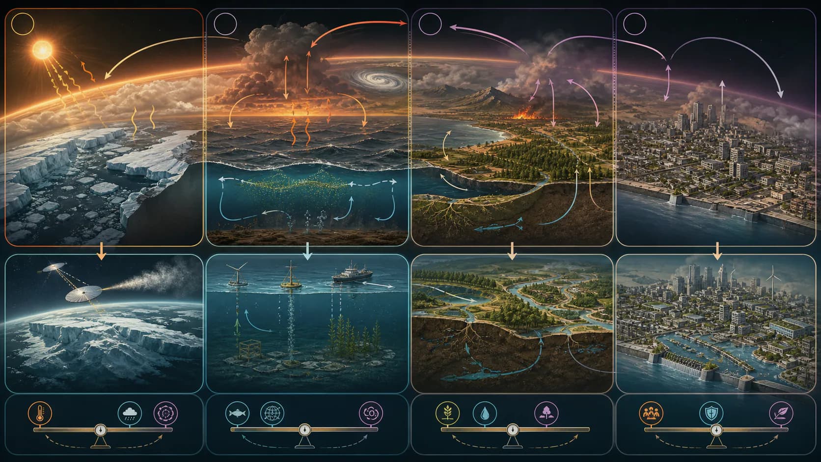 Four linked planetary panels trace warming, ocean feedback, ecosystem stress, settlement risk, and partial interventions.