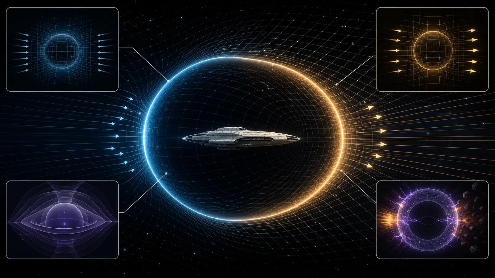 A spacecraft rests inside a luminous spacetime bubble with a compressed blue grid ahead, expanded amber grid behind, and a hazardous violet boundary.