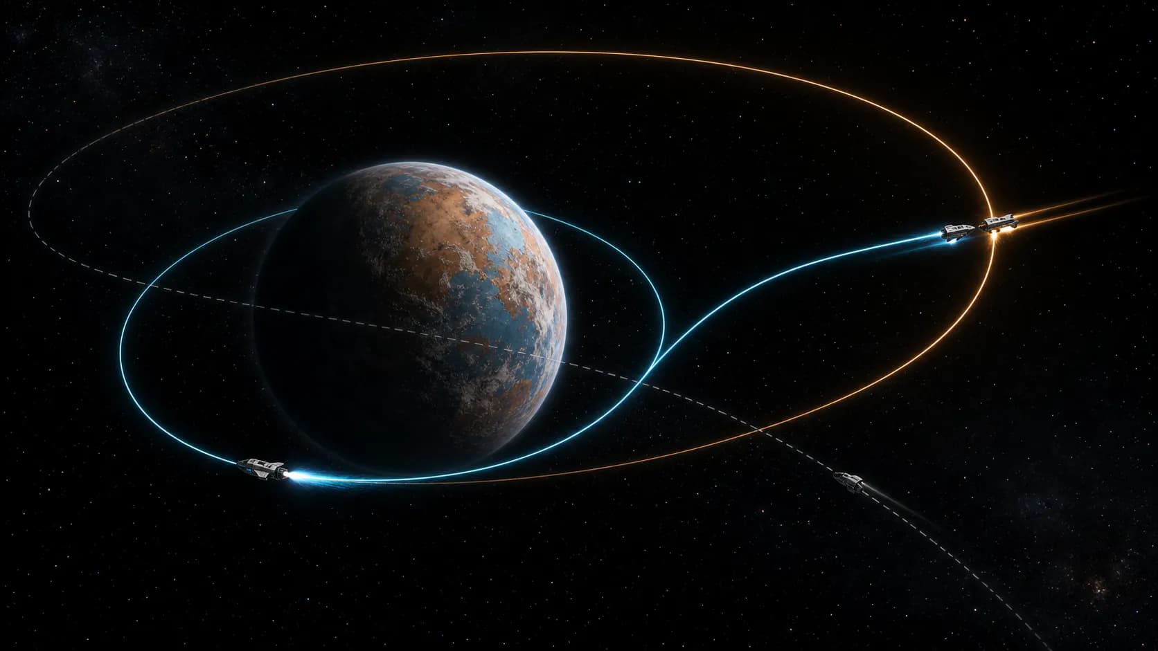 A spacecraft leaves a circular orbit after a timed burn, follows a transfer arc, and reaches a second craft with matched direction and speed.