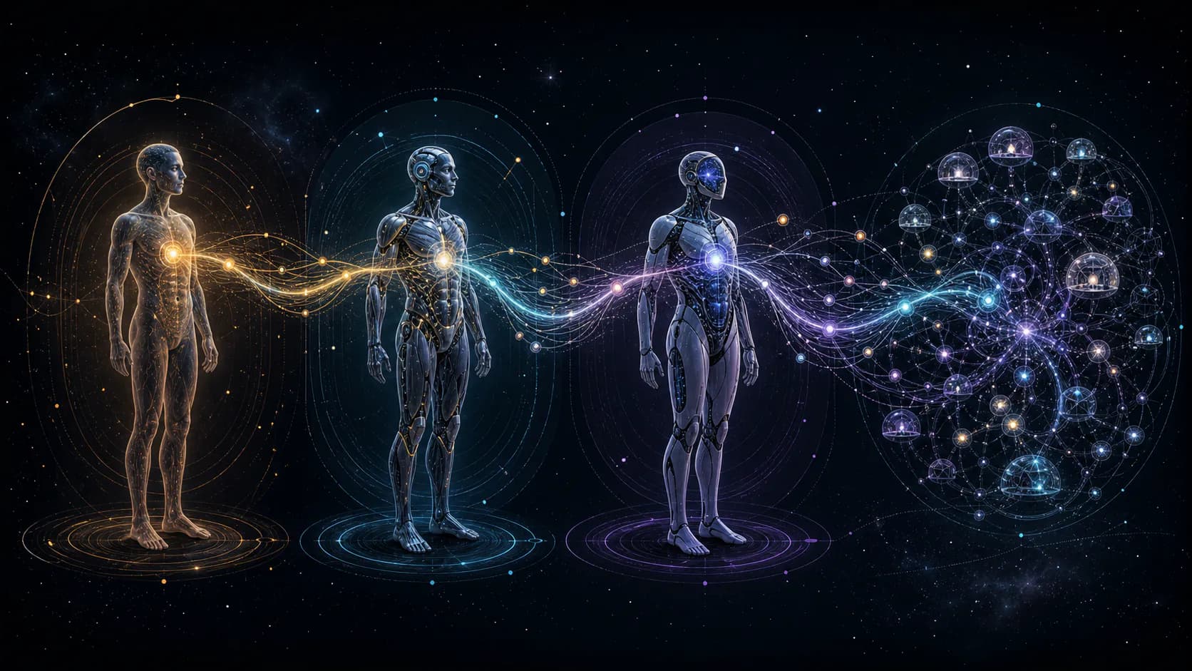One luminous continuity thread crosses an organic body, two synthetic embodiments, and a distributed network of possible selves.