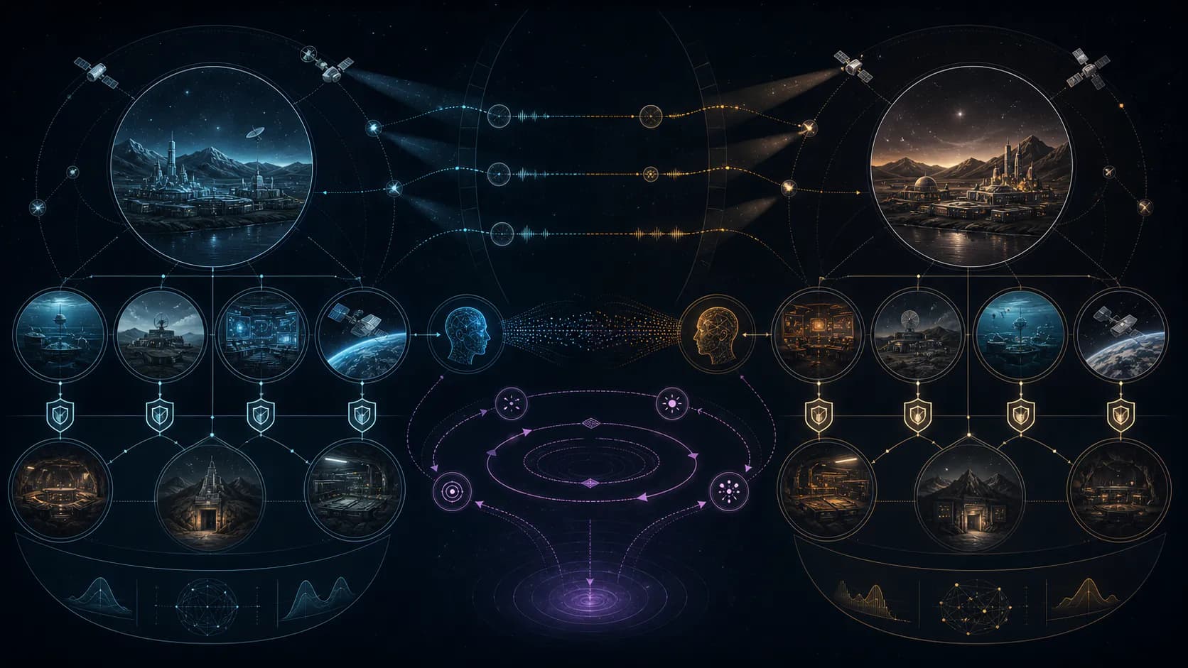 Two distant societies mirror survivable capabilities, observation channels, cautious signals, and a central loop where misreading can trigger escalation.