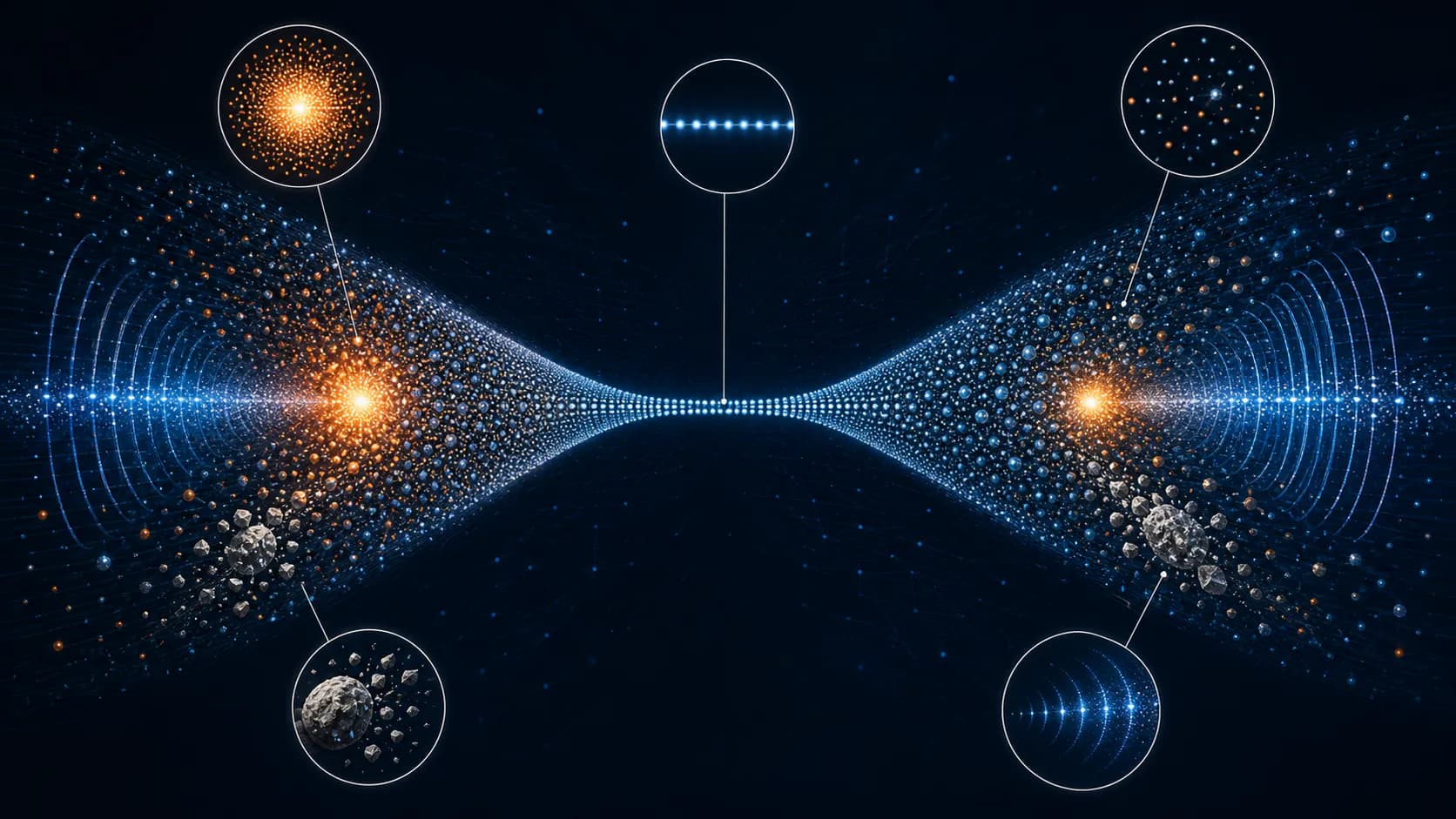 A narrow ordered particle boundary at the center opens in both directions into heat diffusion, dispersed fragments, mixed particles, and outward radiation records.