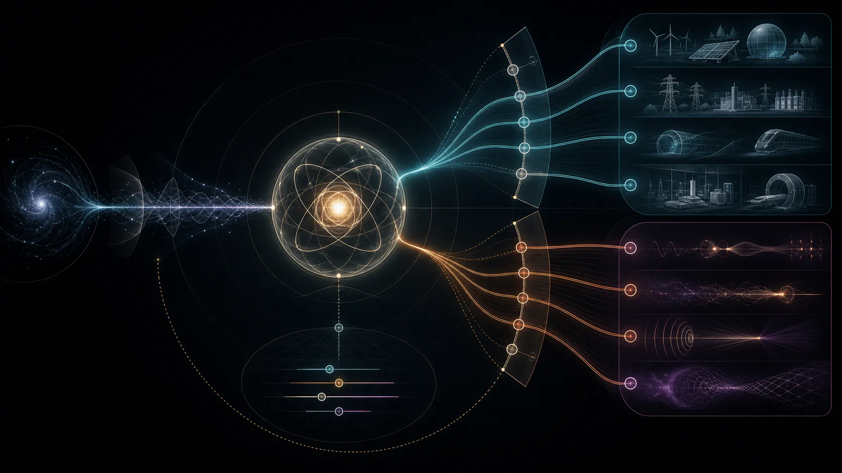 A fundamental discovery at the center branches into peaceful energy and transport systems above and destructive physical effects below, divided by a control boundary.