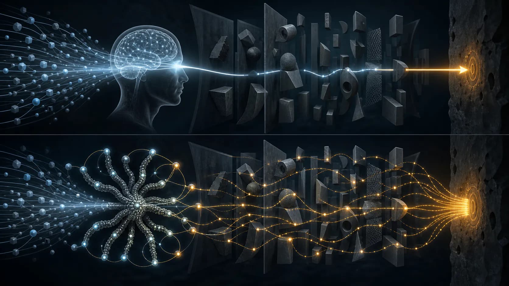 Two systems cross the same obstacle field, one through a narrow conscious bottleneck and one through many coordinated parallel sensor-action paths