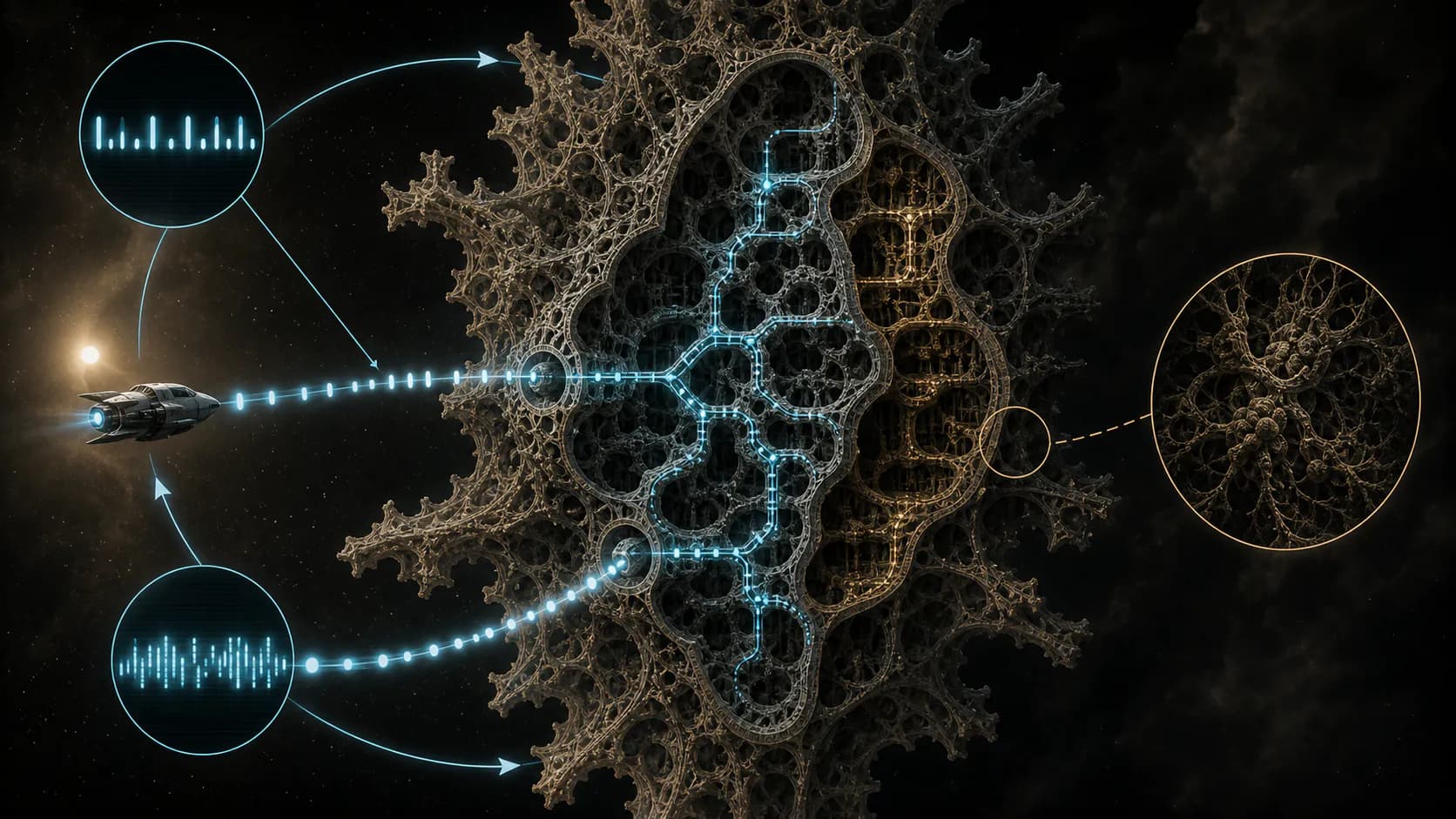A small craft exchanges patterned signals with a branching alien lattice whose reply route bypasses a separate unconnected meaning region