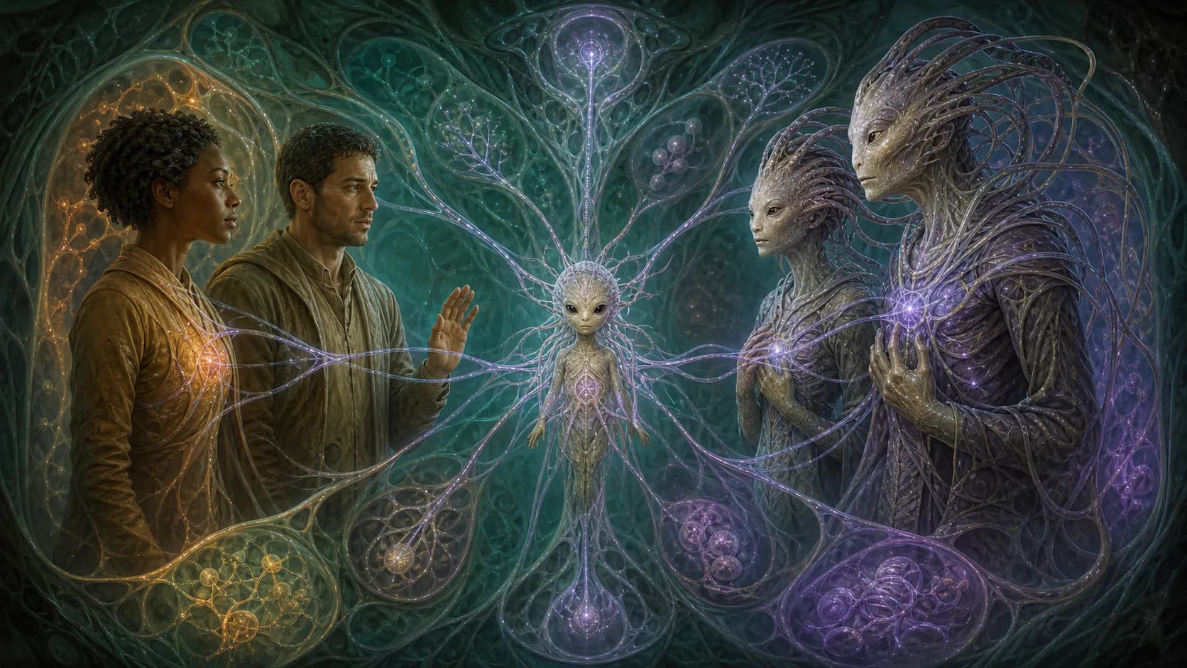 Two humans and two Oankali are linked through a central ooloi by branching biological filaments, while one human raises a hand in hesitation.