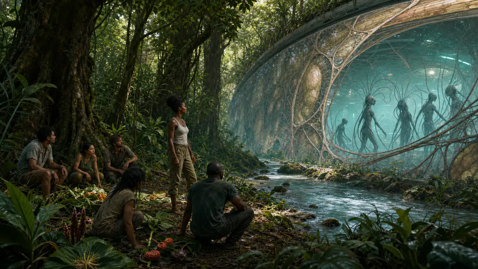Lilith and a group of human survivors camp in a tropical forest whose river meets a translucent organic boundary with observing Oankali beyond it.