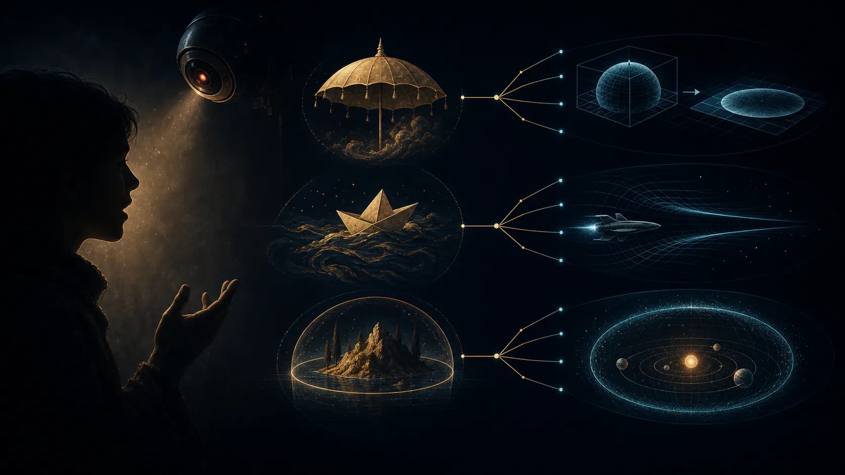 Visual decoding board connecting three symbolic fairy-tale objects to dimensional collapse, curvature propulsion, and a slowed-light safety boundary