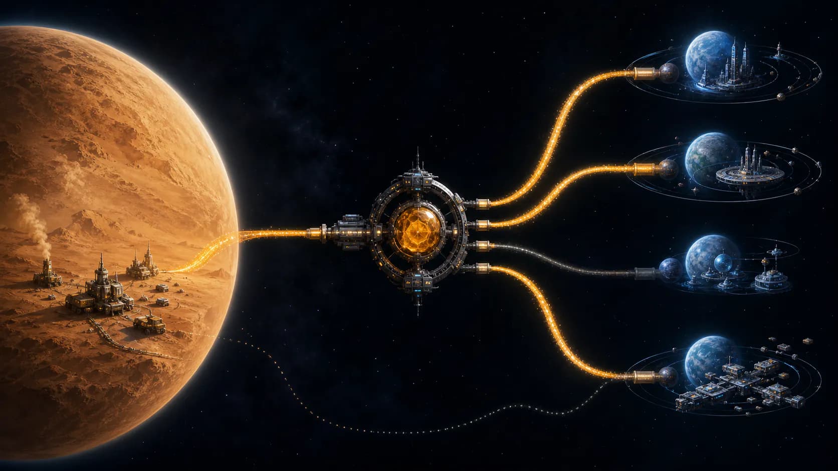 A desert planet sends one amber resource flow through a central orbital hub to four distant inhabited systems, with one branch dimmed and weak alternatives below.