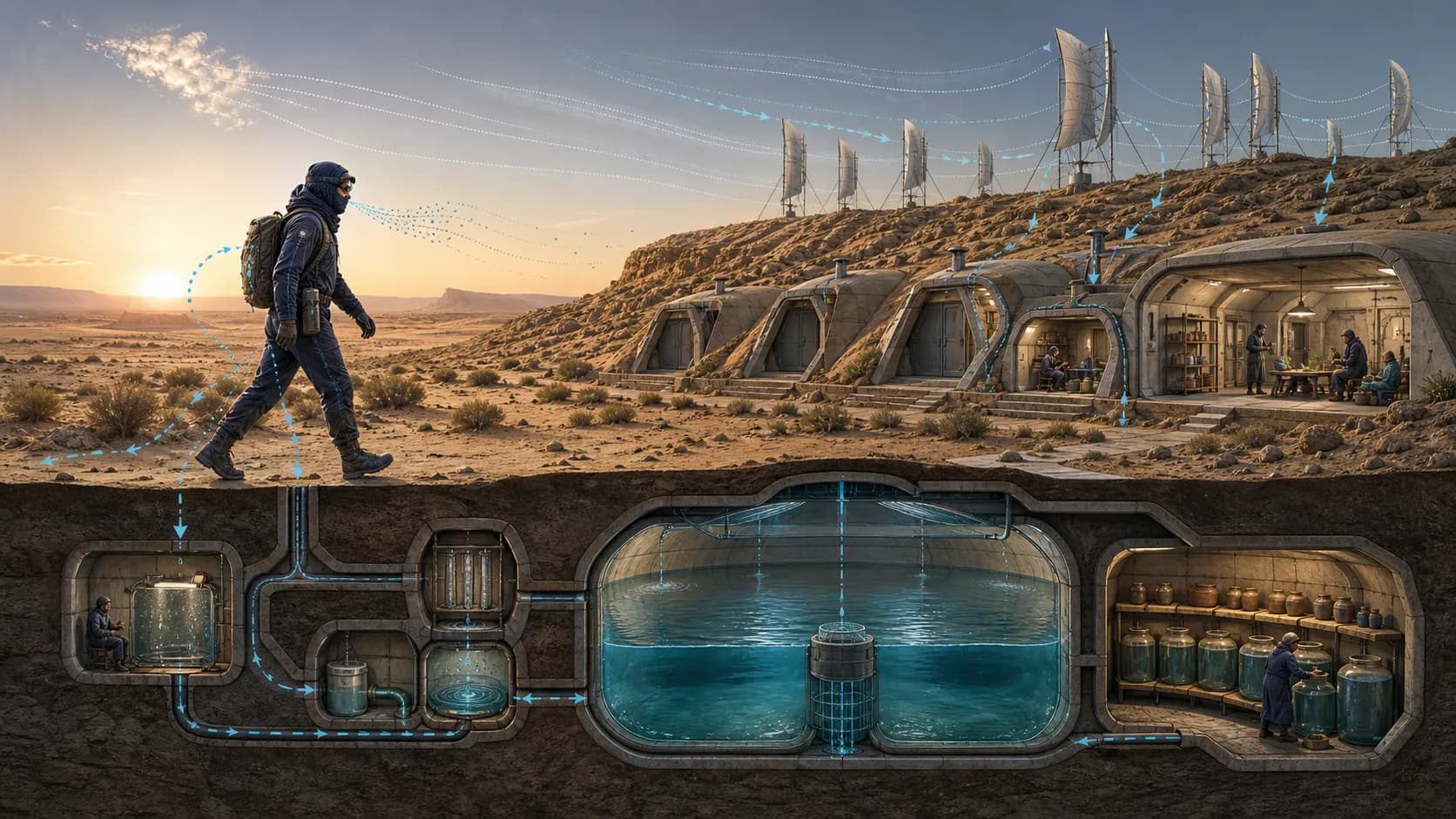 Cutaway of a desert settlement showing moisture-recovery clothing, wind collection, sealed dwellings, processing equipment, and a shared underground cistern.