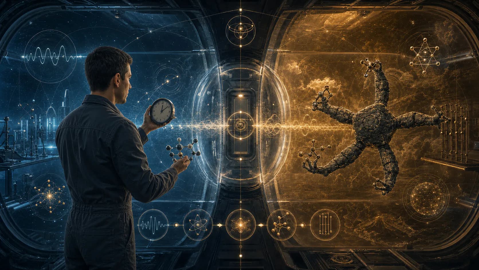Grace in a cool blue chamber and a five-limbed stone-textured Rocky in a hot amber chamber exchange a clock, atom models, tactile rods, and waveforms across a clear pressure divider.