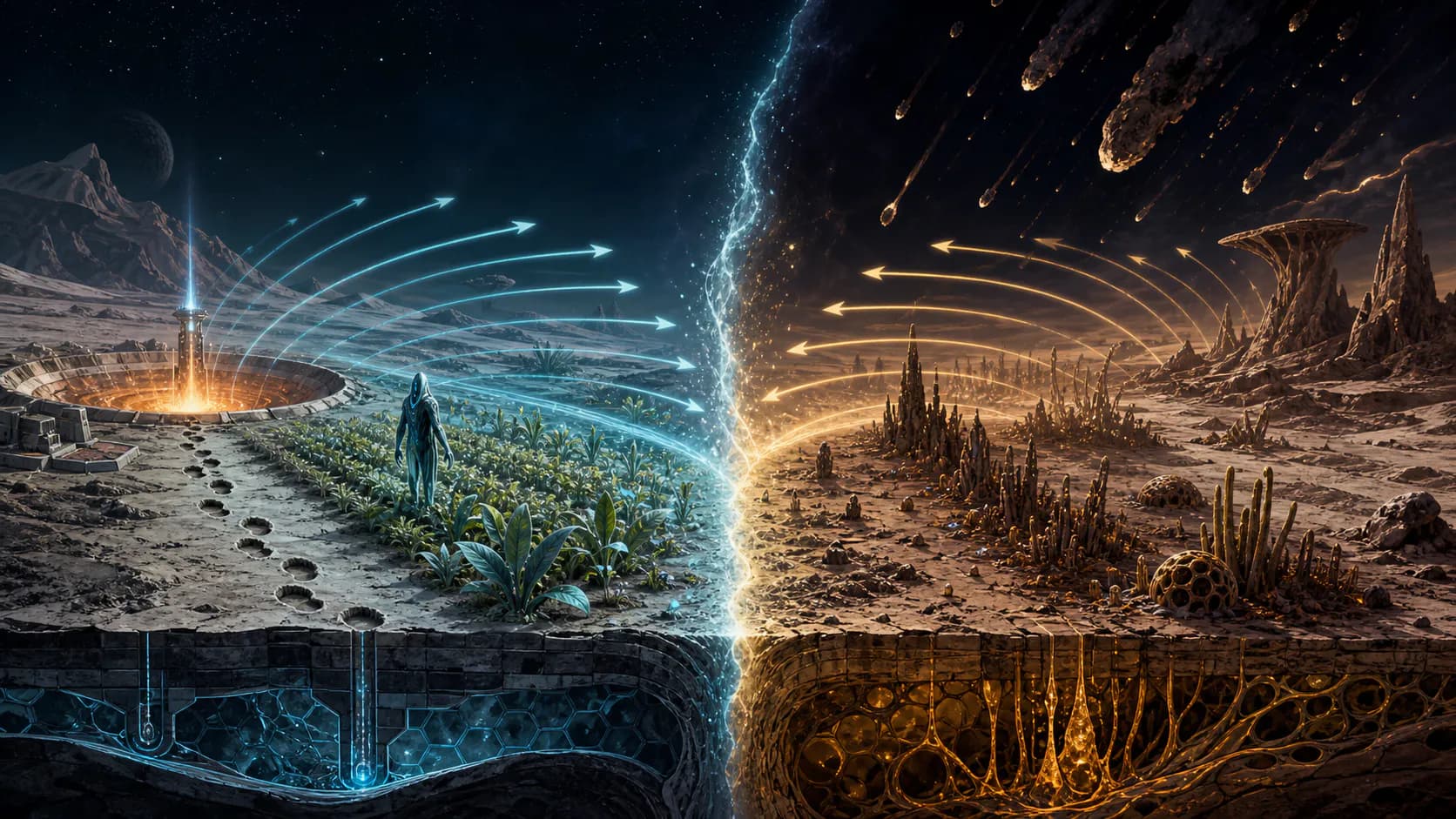Two bands of physical change run in opposite directions from a shared boundary: Peerless records accumulate left to right while a second world's records accumulate right to left, with an expedition crossing between them.