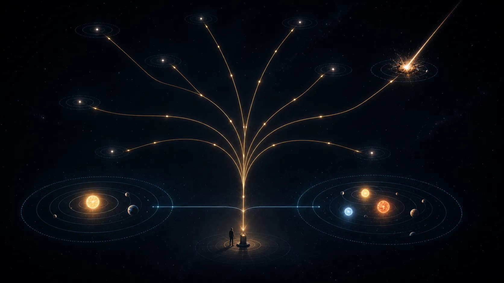 Causal diagram of Earth and Trisolaris linked by a broadcast trigger while hidden distant civilizations surround both systems