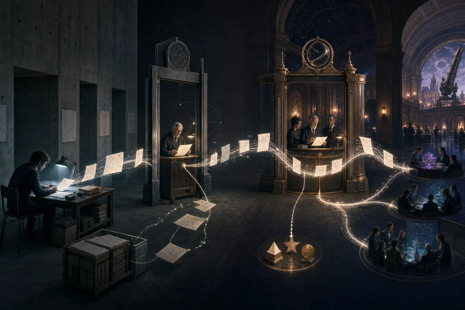 Shevek's handwritten physics passes through two institutional gates, one austere and one ornate, before reaching separated scientific communities.