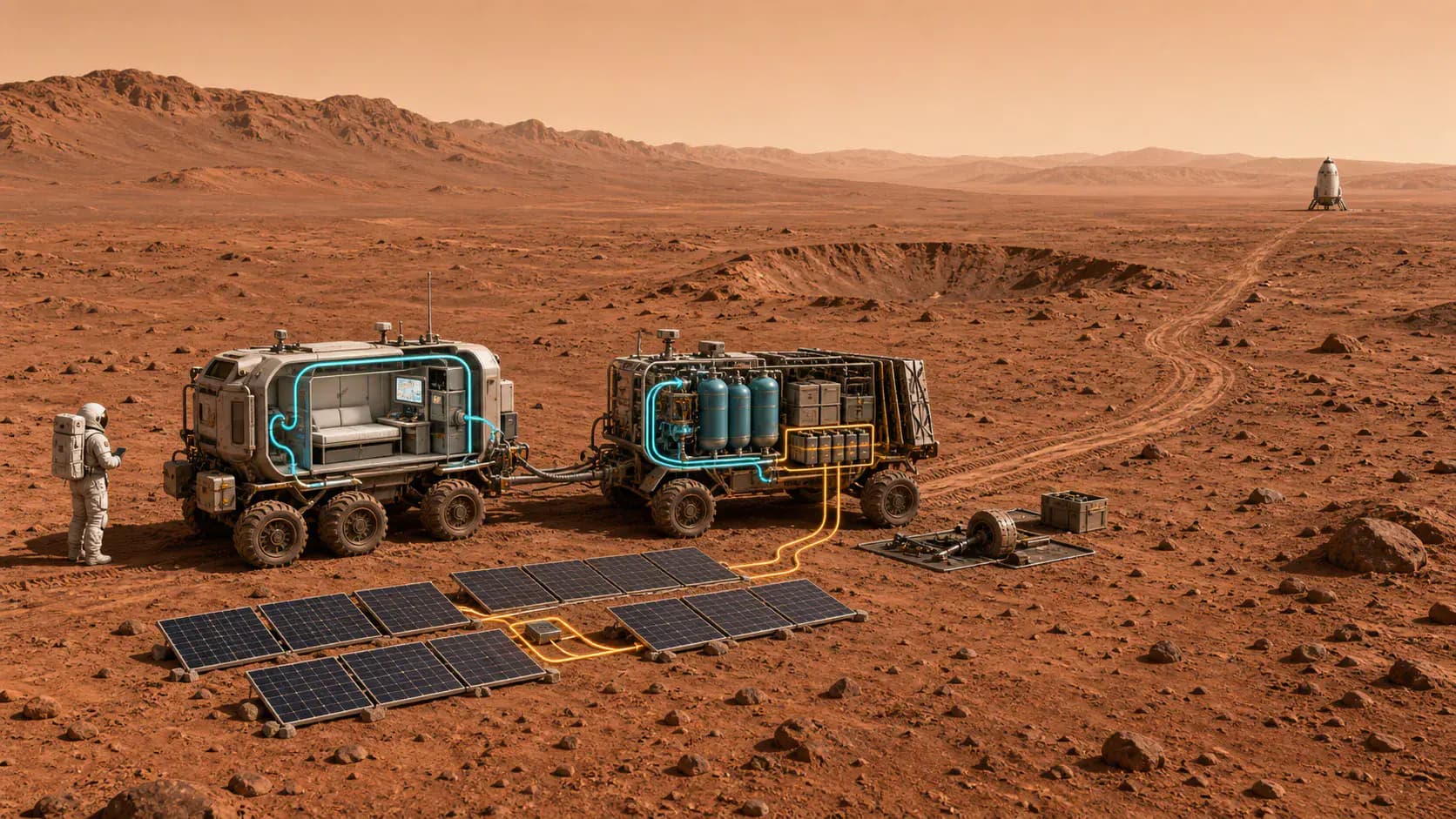 Two linked Mars rovers carry life-support machinery and solar panels across a long terrain profile toward a distant ascent vehicle.
