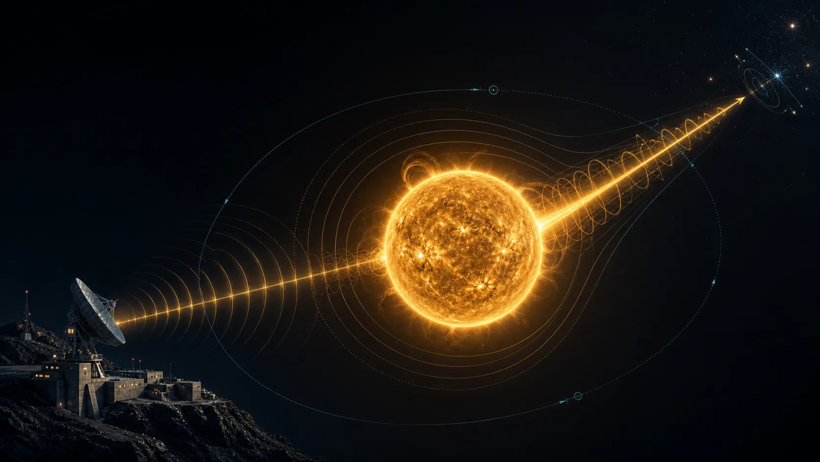 Scientific cutaway showing Red Coast transmitting toward the Sun and a narrow amplified signal leaving the Solar System