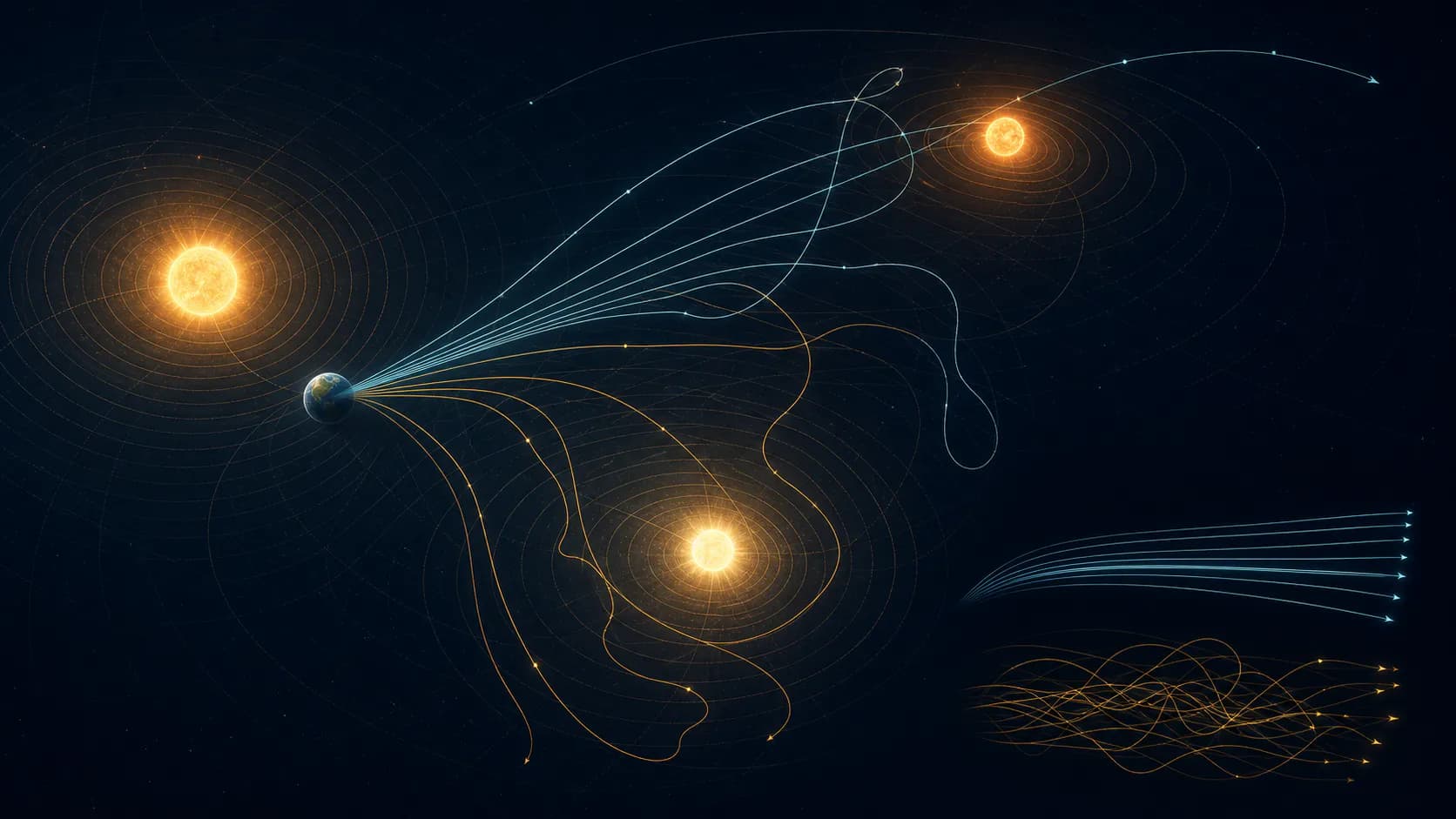 Educational orbital diagram of a planet moving through three competing stellar gravity wells with unstable trajectory traces